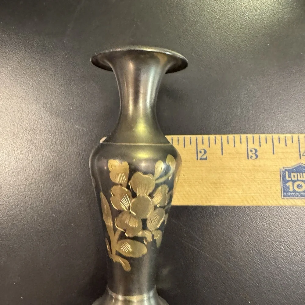 Brass Floral Etched Vase Vintage Marked India Solid Brass‎ Set Of 2